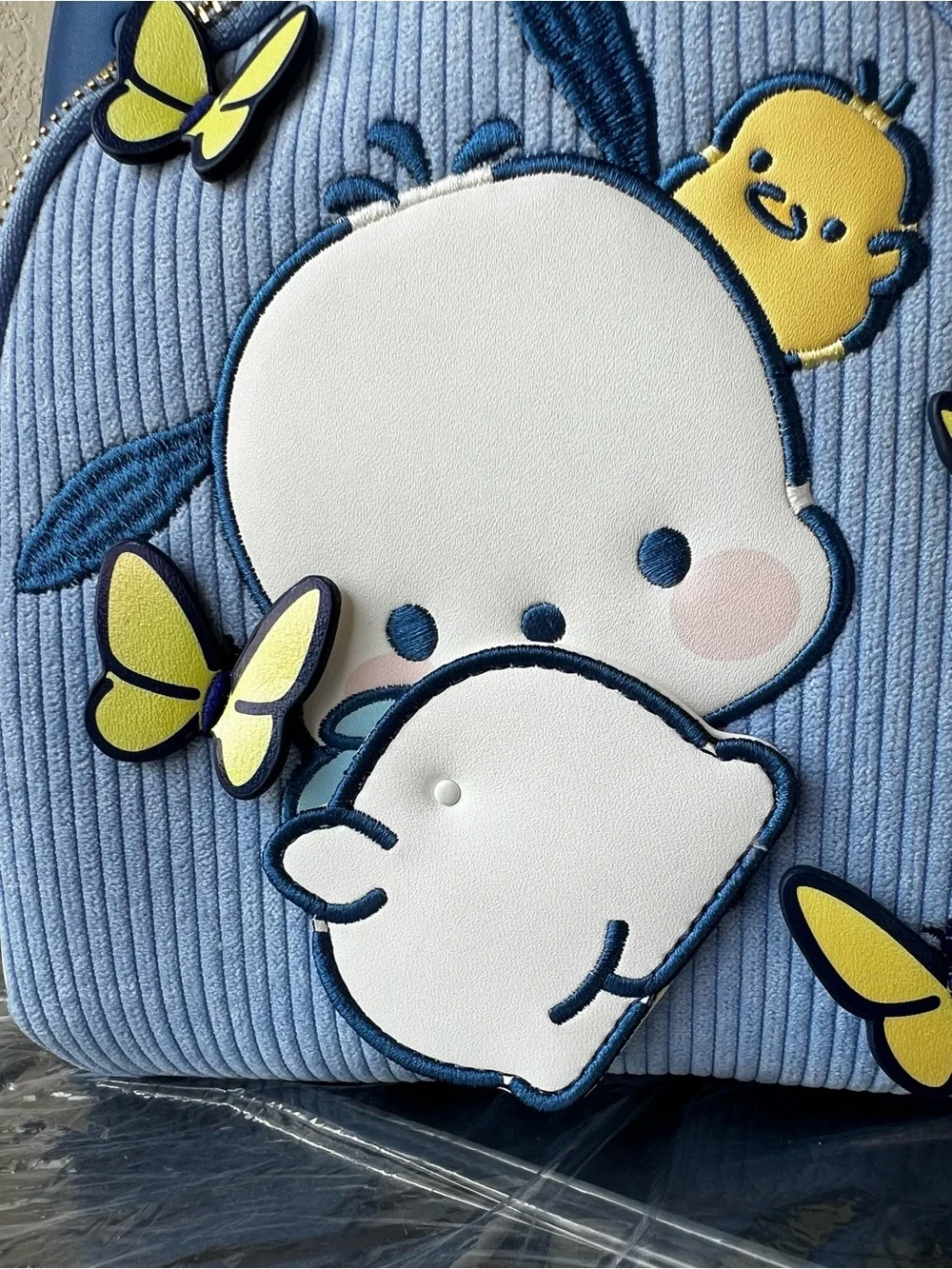 NWT Loungefly Sanrio Pochacco Blue Gingham Butterfly Moving Butt Mini Backpack